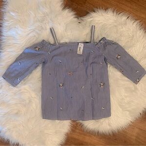 Coco Y Club NWT Blue White Stripe Cold Shoulder Cotton Shirt Embroidered Small